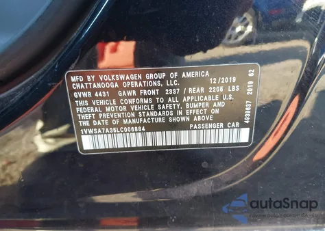 2020 Volkswagen Passat 2.0T Se из США, поврежденный, VIN 1VWSA7A35LC006884